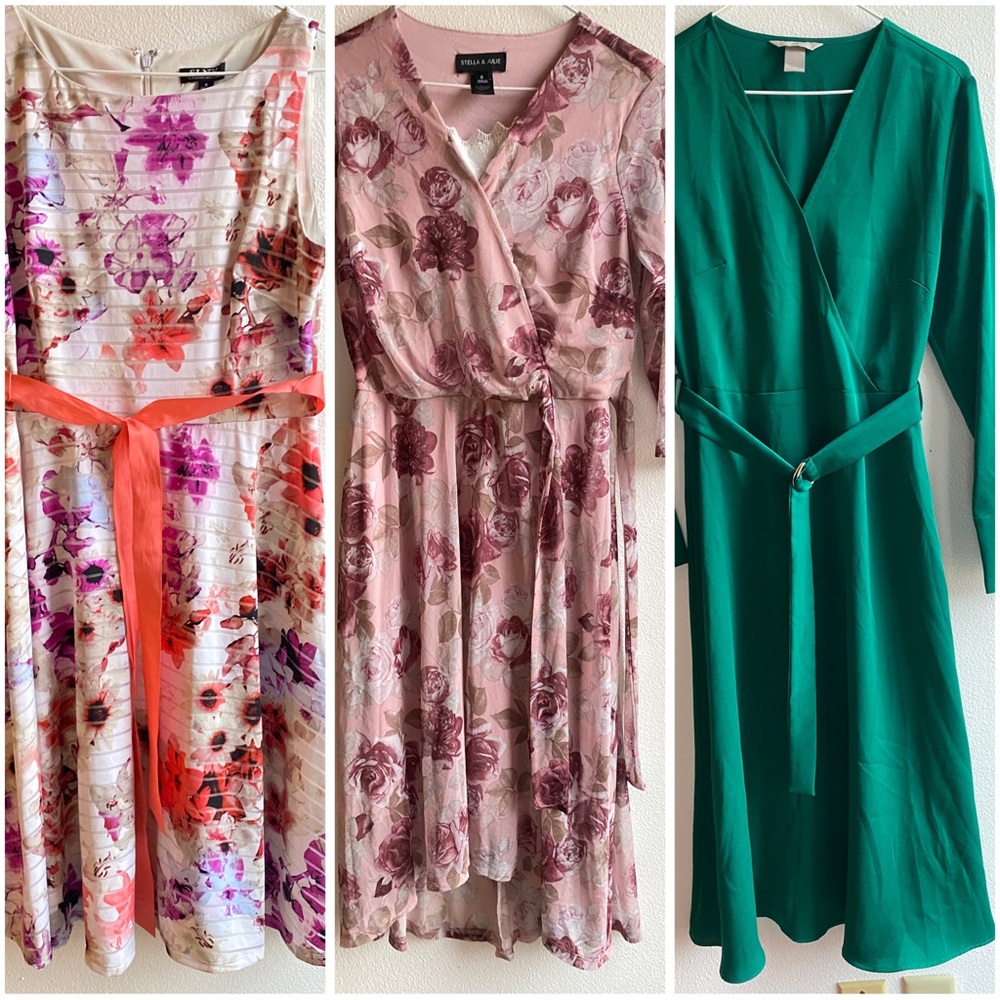 3 Midi Dresses Lot Size 6 Pink floral, Green solid - H&M, Stella & Julie, SLNY